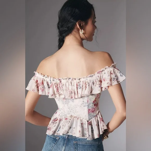Anthropologie Off-The-Shoulder‎ Pink Floral Mesh Ruffle Top Cottage Core Boho - Picture 4 of 5